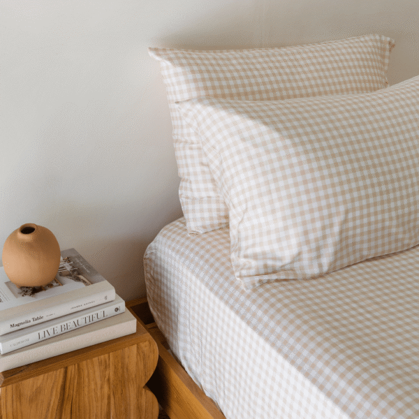 Bamboo Fitted Sheet & Pillowslips – Oat Gingham